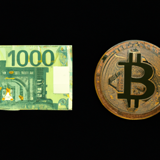 תמונת השוואה המציגה מטבע ביטקוין פיזי ושטר מטבע מסורתי, המסמלים את הניגוד והמעבר.